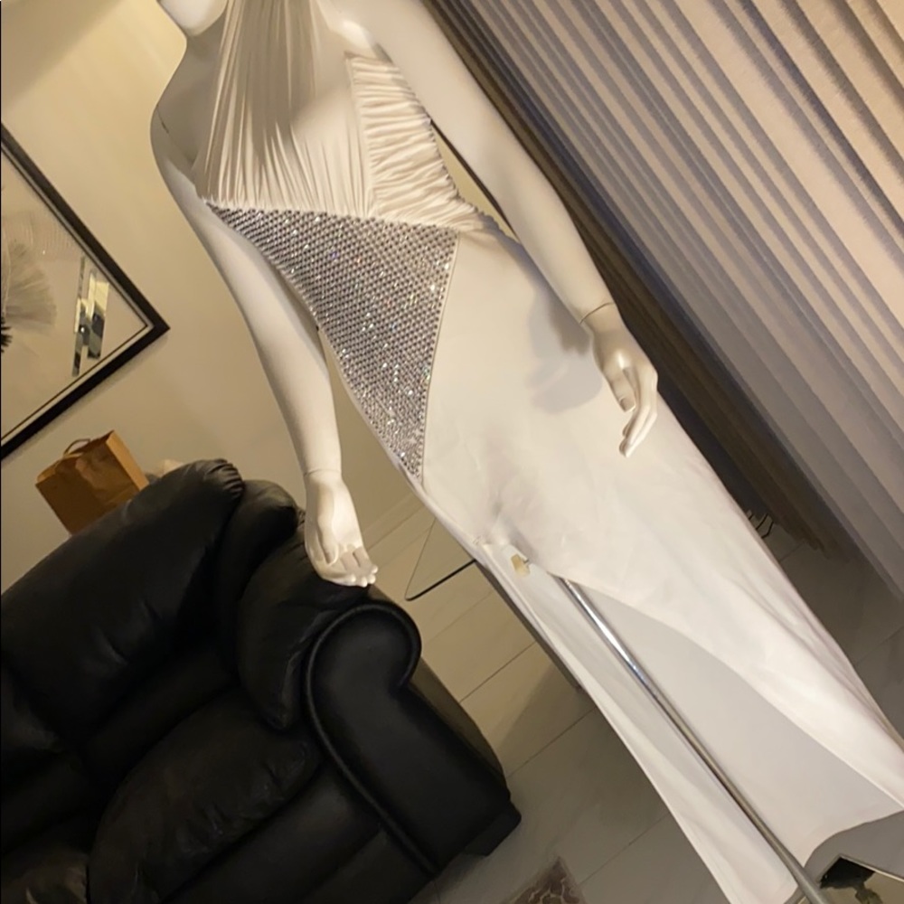 White rhinestone embellished gown W/ high slit
